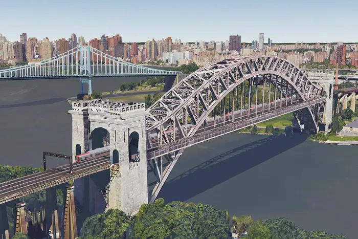 A Metro-North train crosses the Hell's Gate Bridge as part of a rendering of a project to bring four Metro-North stations to the Bronx.